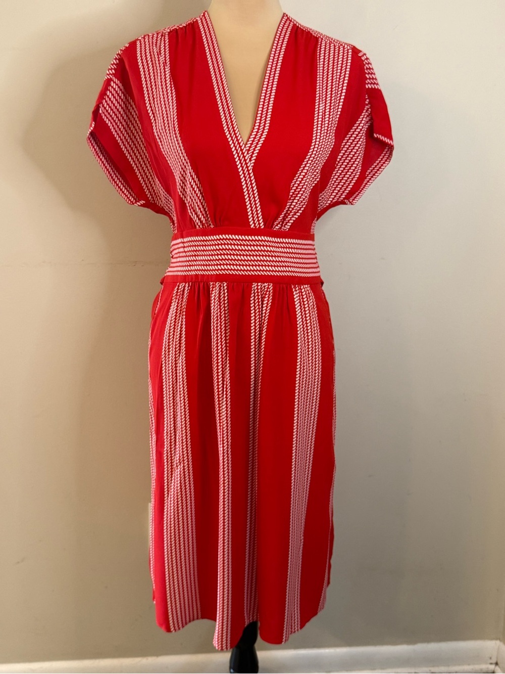 Anne Klein red & white stripe versatile V neck midi dress SZ 6